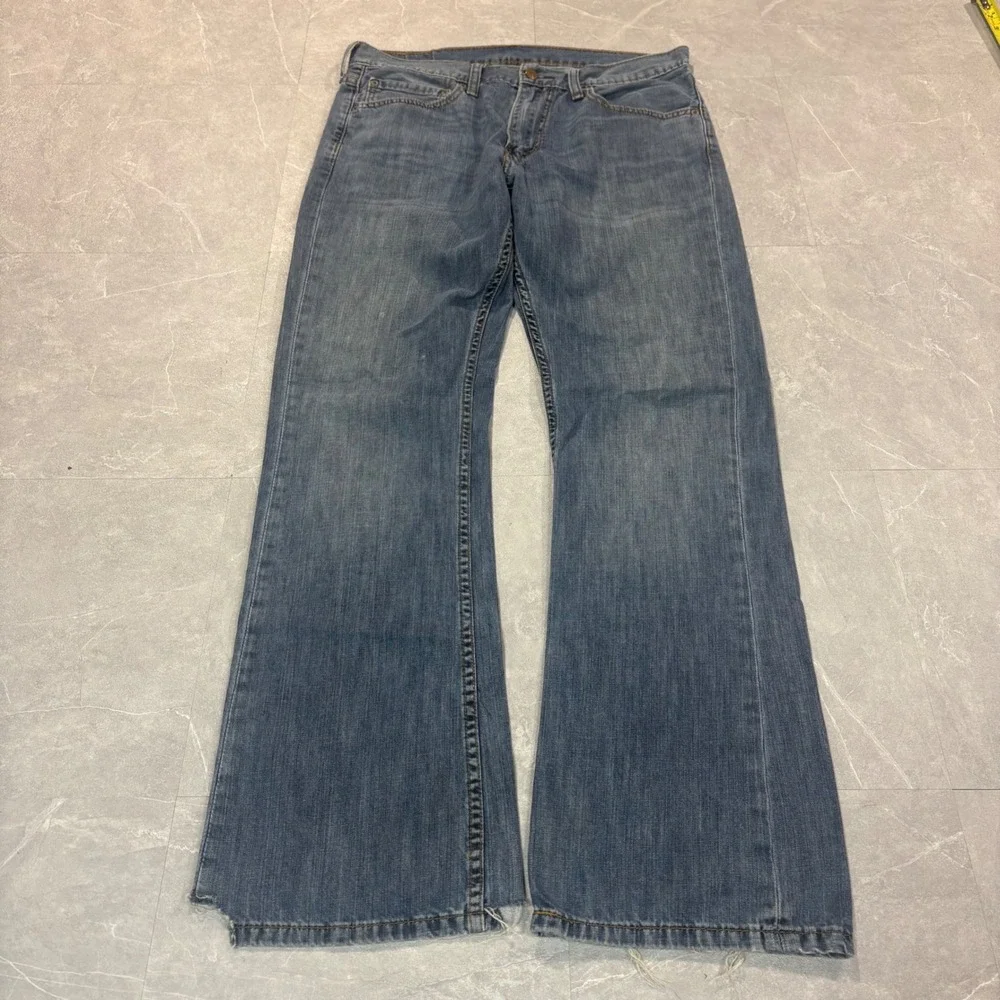 Levis 527 Slim Bootcut Jeans Mens 34x32 Blue Denim Frayed Hem 527-0475